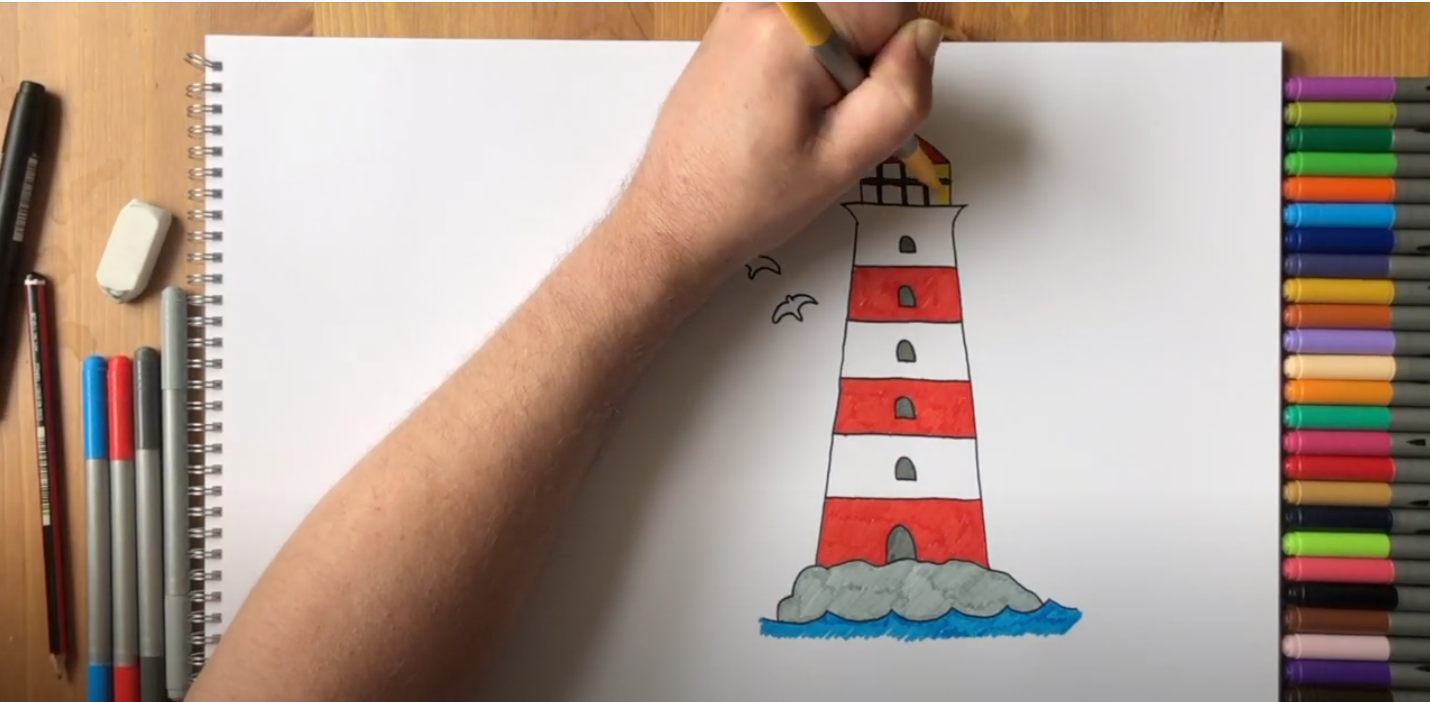 Lighthouse And Sea Scenery Drawing Tutorial For Beginners - Kids Art & Craft